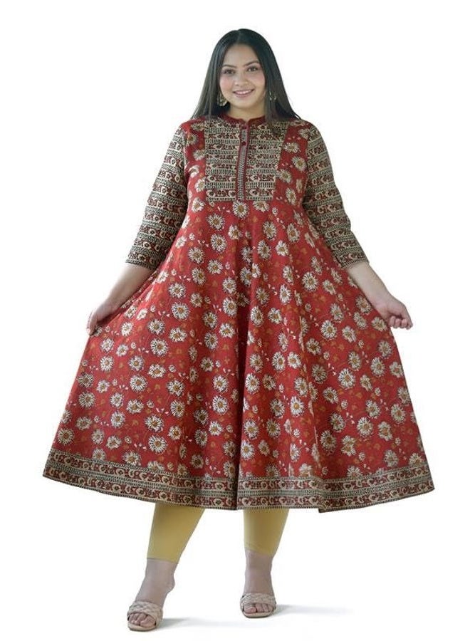 Yash Gallery Women's Cotton Floral Print Anarkali Kurta (Xx-Large Red) - Image 1