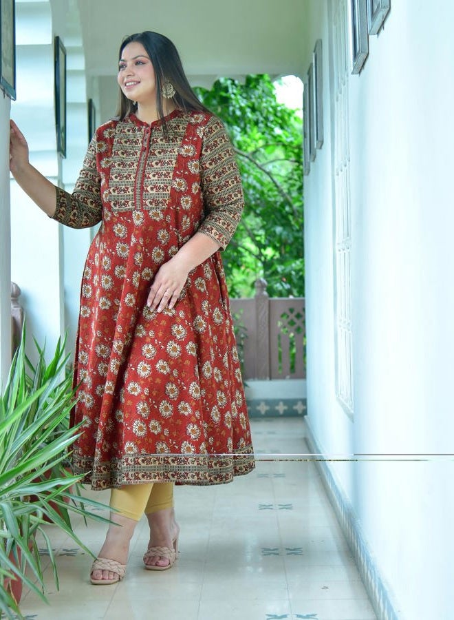 Yash Gallery Women's Cotton Floral Print Anarkali Kurta (Xx-Large Red) - Image 3