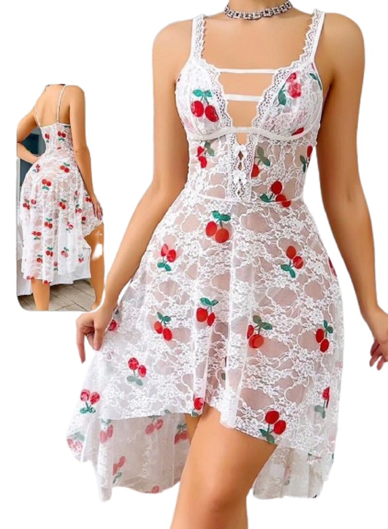 White Sheer Lace Dress women with Cherry Print Thin Straps and Asymmetrical Hemline 