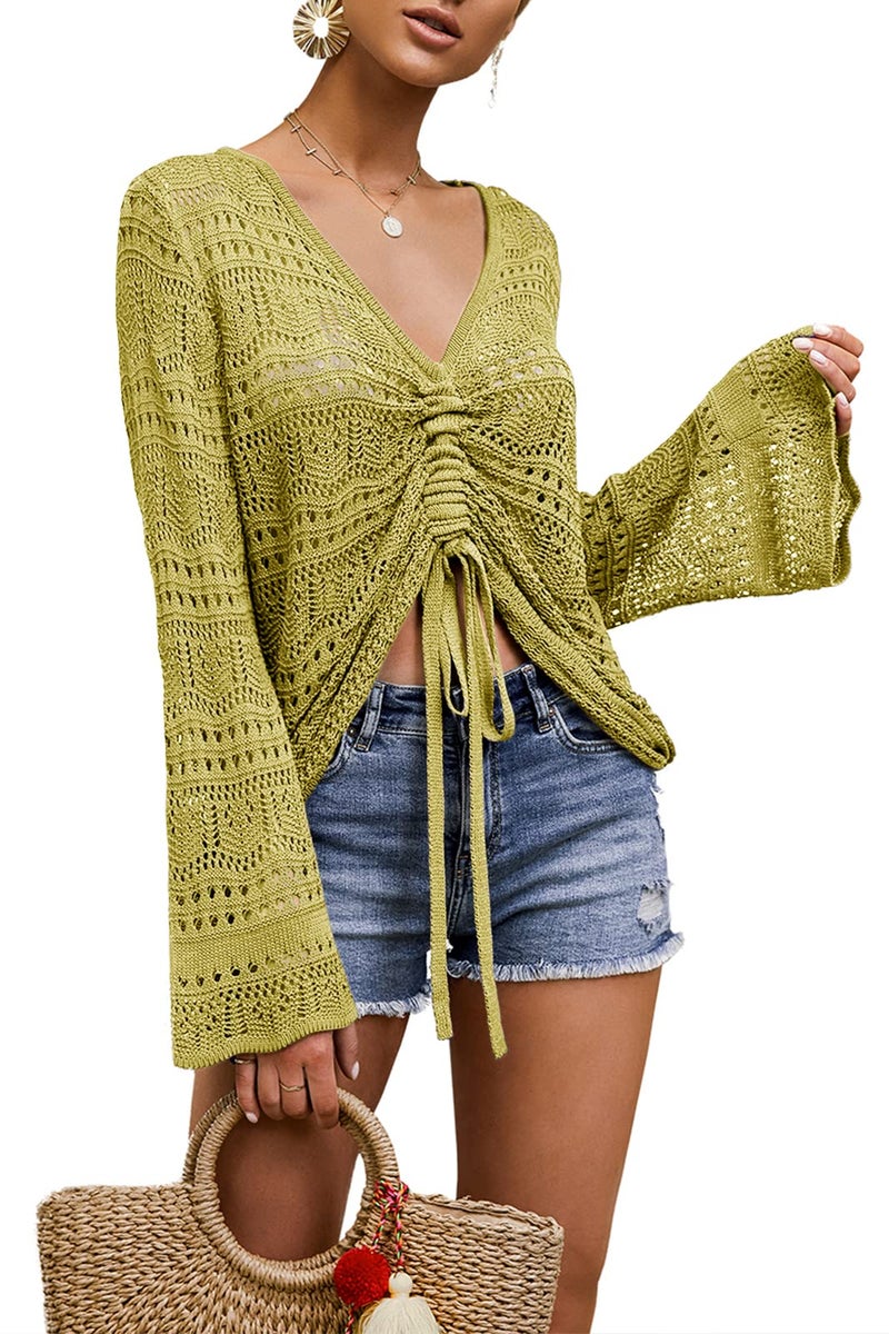 Saodimallsu Womens Bell Sleeve Tops Oversized V Neck Shirts Flowy Crochet Sexy Tie Front Ruched Ruffle Top Blouse Yellow Green - Image 1