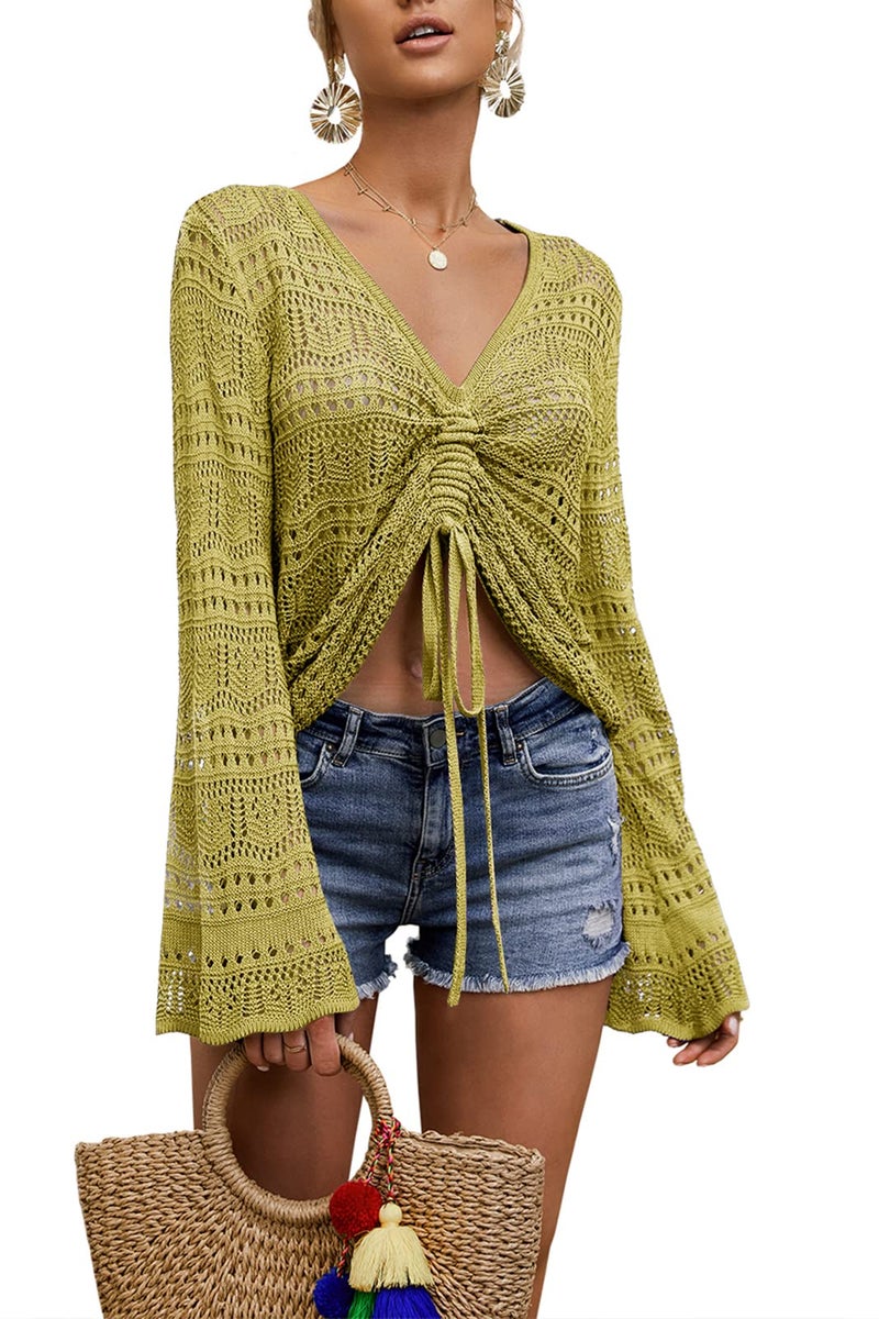 Saodimallsu Womens Bell Sleeve Tops Oversized V Neck Shirts Flowy Crochet Sexy Tie Front Ruched Ruffle Top Blouse Yellow Green - Image 2