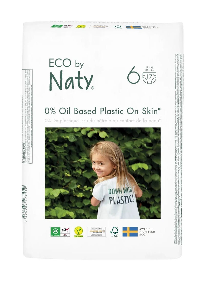 Naty Naty Eco-Friendly Tape Style Diapers, 17 Pieces, Size 6, 16kg+, Plant-Based, GM-Free, FSC Certified, Breathable and Rash-Preventing 