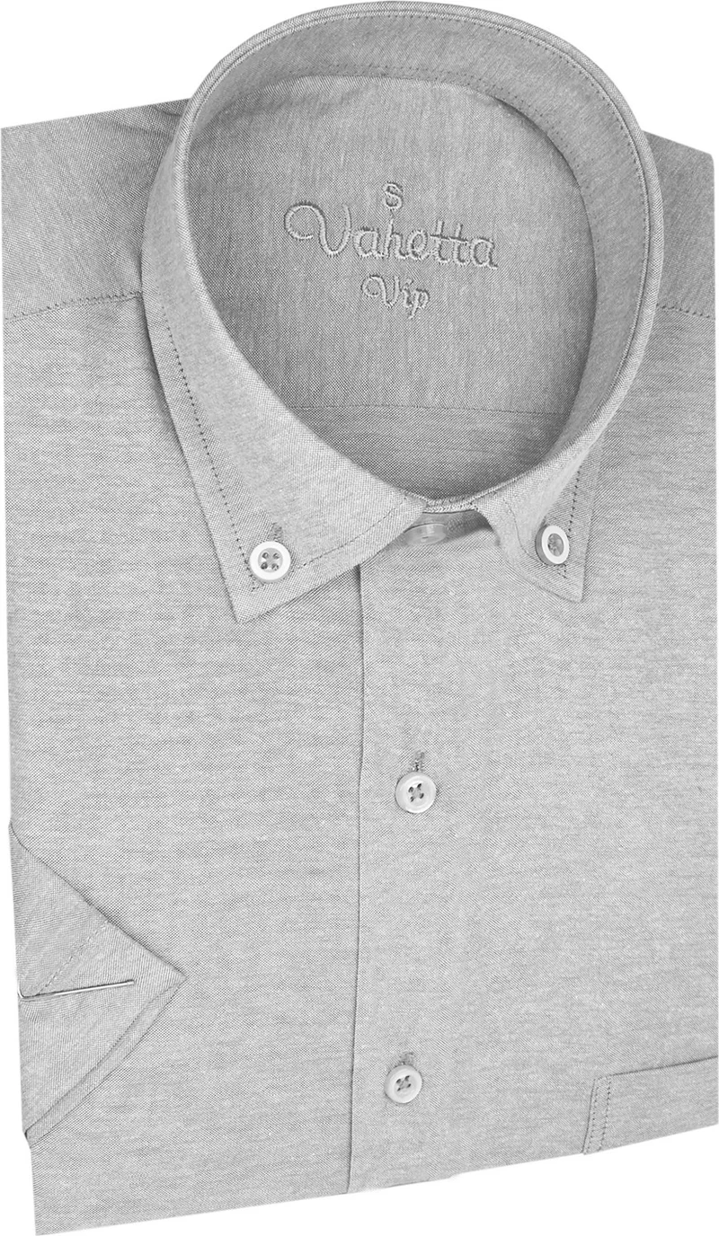 فاريتا Men's Gray Short Sleeved Classic Cut Collar Buttoned Cotton Satin Shirt