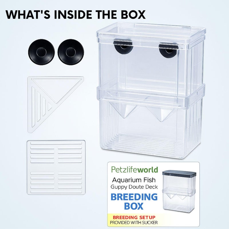 VAYINATO Aquarium Guppy Double Deck Breeding Box with Suction Cups – Large 13x10x7cm | Transparent Isolation & Breeding Tank for Fish, Fry & Betta | Sturdy, Safe & Easy to Use - Image 3