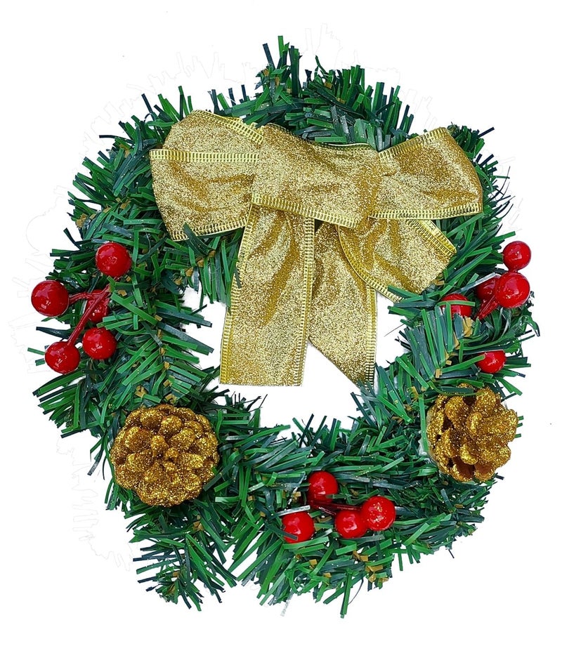 Partunay1 Pcs Golden Bow Pinecone Red Berries Wreath Xmas Christmas Front Door Wall Decoration Christmas Wreath Christmas Decoration Item - Image 1