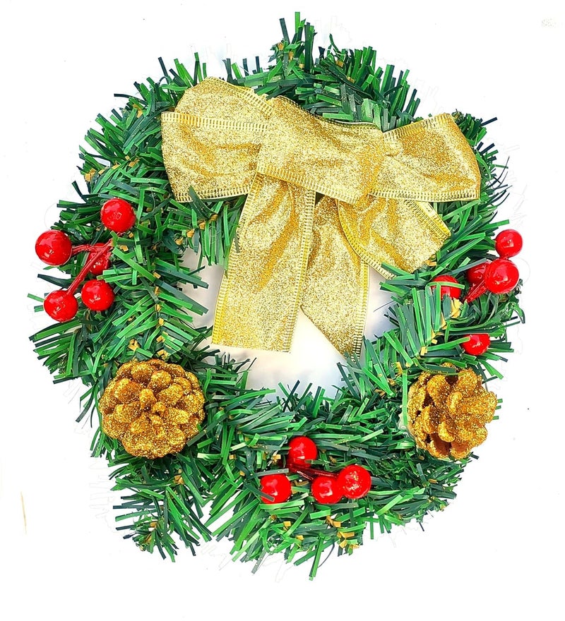 Partunay1 Pcs Golden Bow Pinecone Red Berries Wreath Xmas Christmas Front Door Wall Decoration Christmas Wreath Christmas Decoration Item - Image 2