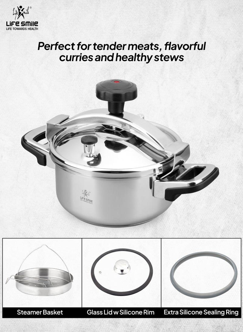 Life Smile 4Liters 18/10 Stainless Steel Pressure Cooker with Steamer Basket & Glass Lid | Induction Base | Safe Locking Lid System – Silver silver - Image 3