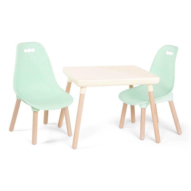 B. Toys B toys Table and Chair Set Furniture For Toddlers 1 Craft Table 2 Chairs Natural Wooden Legs Mint 3 Years