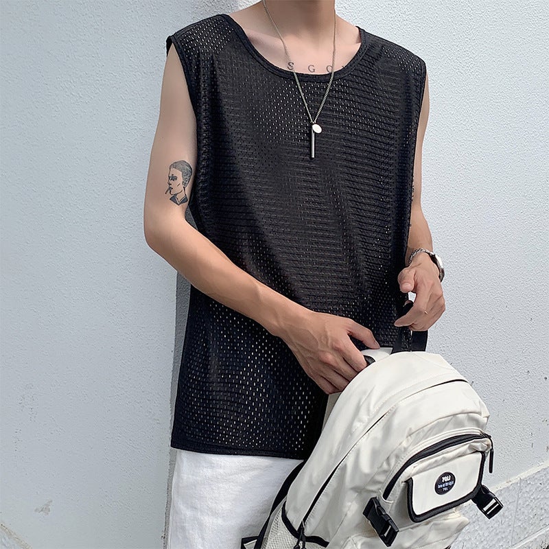 Sports Vest Mens Summer Mesh Ice Silk Quick-drying Fitness Top Waistcoat Basketball Running Loose Sleeveless T-shirt vest white  - Image 5