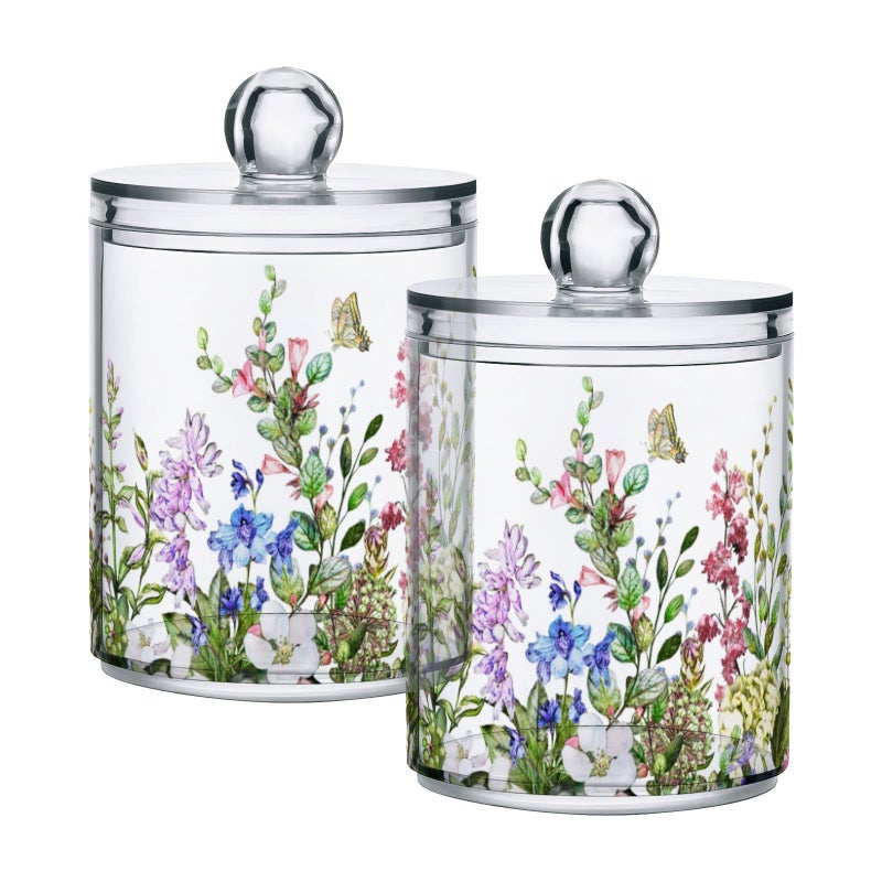 xigua 2 Pack Flowers Pattern Apothecary Jars with Lid Qtip Holder Storage Jars for Cotton Swab Cotton Round Pads Clear Plastic Canisters for Bathroom Vanity Organization 10 Oz