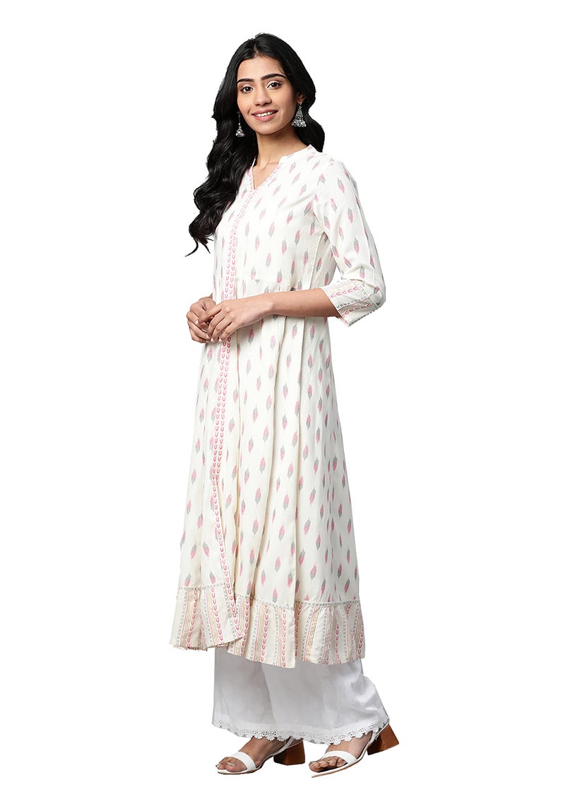 Yash Gallery Women's Rayon Ikat Printed Regular Fit Anarkali Kurta For Women (1258Ykwhite_White_Medium) - Image 1