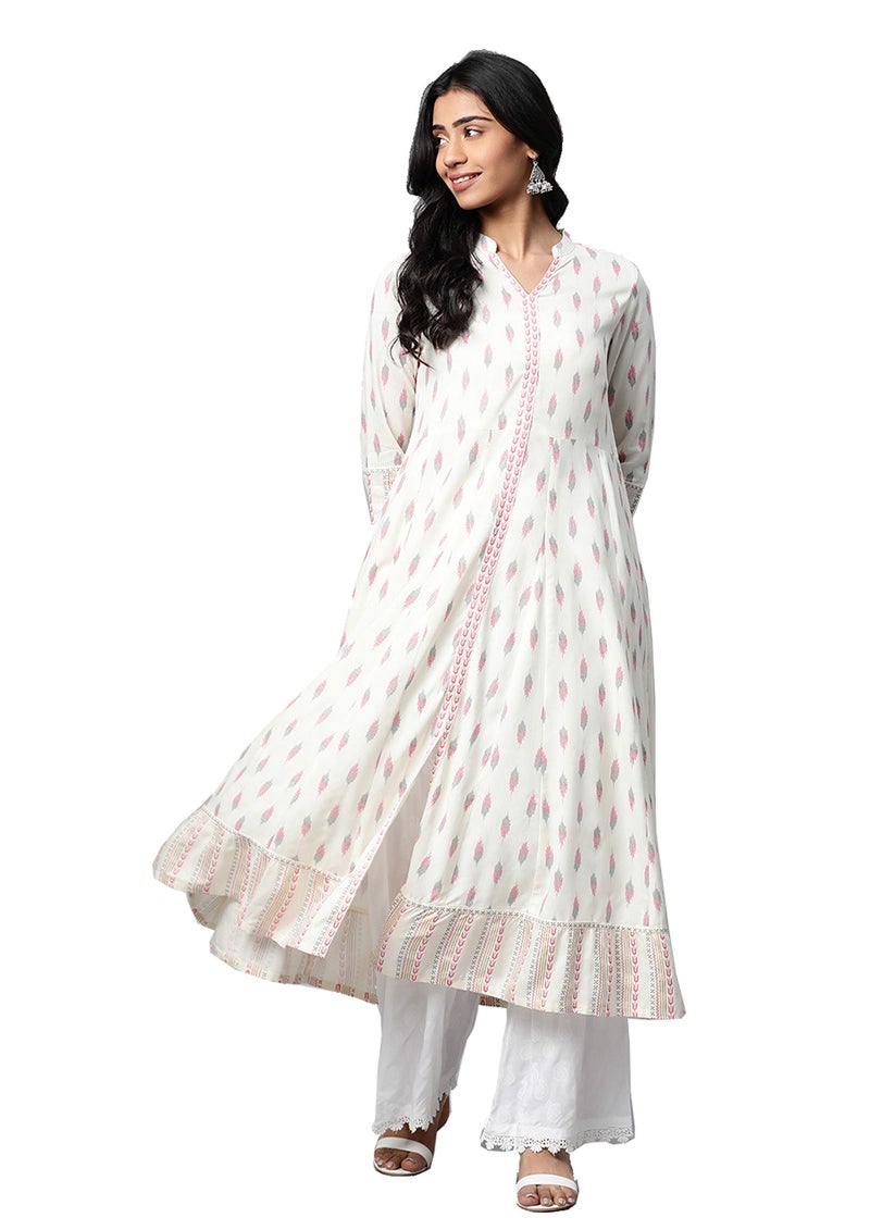 Yash Gallery Women's Rayon Ikat Printed Regular Fit Anarkali Kurta For Women (1258Ykwhite_White_Medium) - Image 3