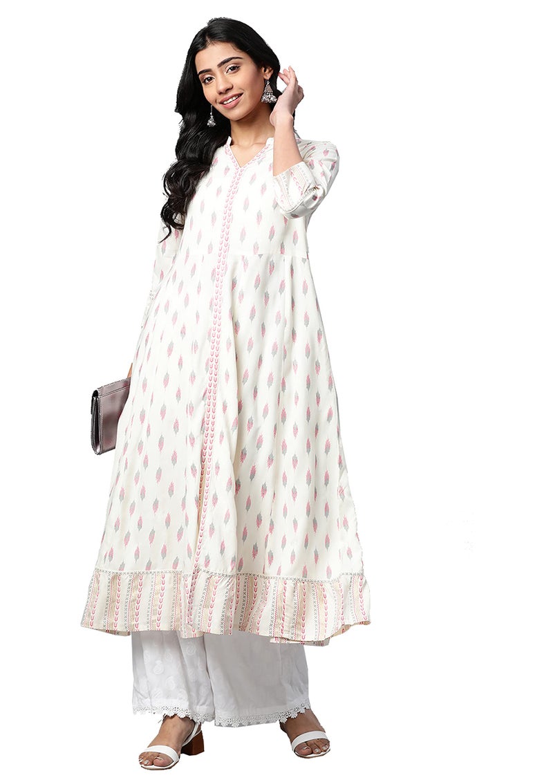 Yash Gallery Women's Rayon Ikat Printed Regular Fit Anarkali Kurta For Women (1258Ykwhite_White_Medium) - Image 2