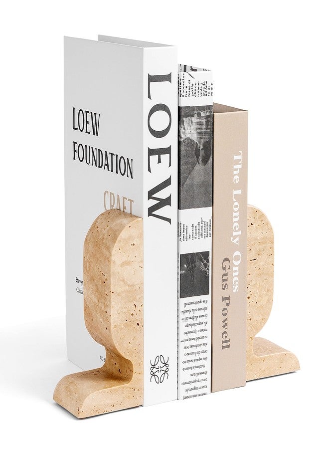 WORHE Travertine Bookends Decorative, Marble Decorative Bookends for Shelves, Heavy-Duty Stone Book Ends for Hardback Book & Cookbooks, Unique Book Stopper & Holder Set of 2 Beige (WH090) - Image 1