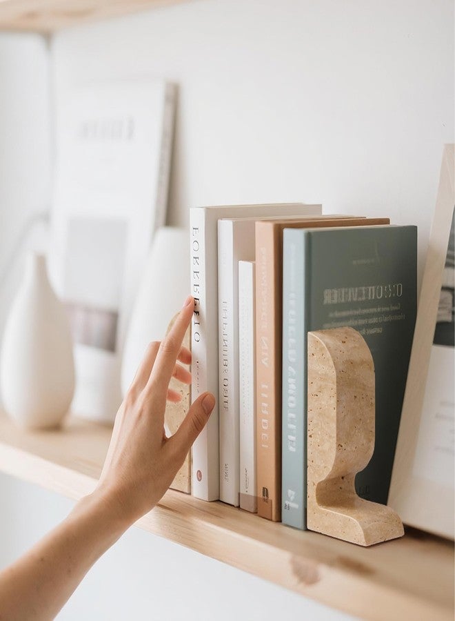 WORHE Travertine Bookends Decorative, Marble Decorative Bookends for Shelves, Heavy-Duty Stone Book Ends for Hardback Book & Cookbooks, Unique Book Stopper & Holder Set of 2 Beige (WH090) - Image 5
