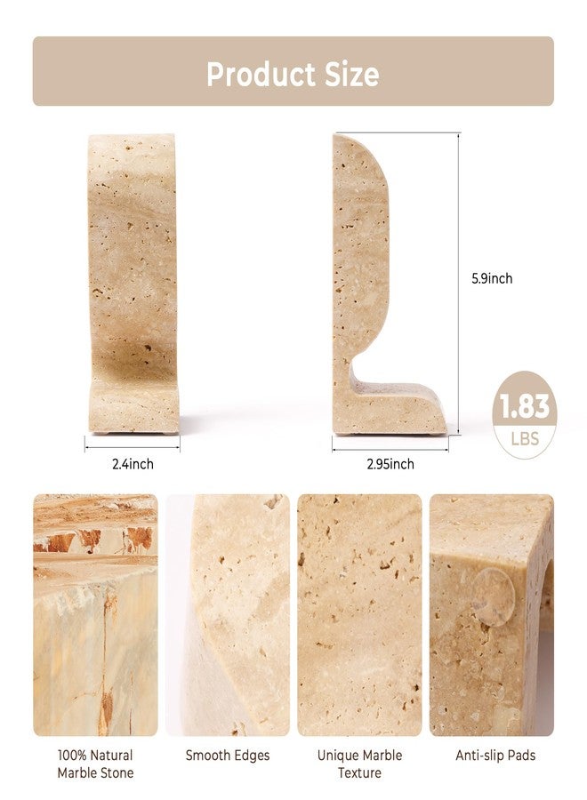 WORHE Travertine Bookends Decorative, Marble Decorative Bookends for Shelves, Heavy-Duty Stone Book Ends for Hardback Book & Cookbooks, Unique Book Stopper & Holder Set of 2 Beige (WH090) - Image 3
