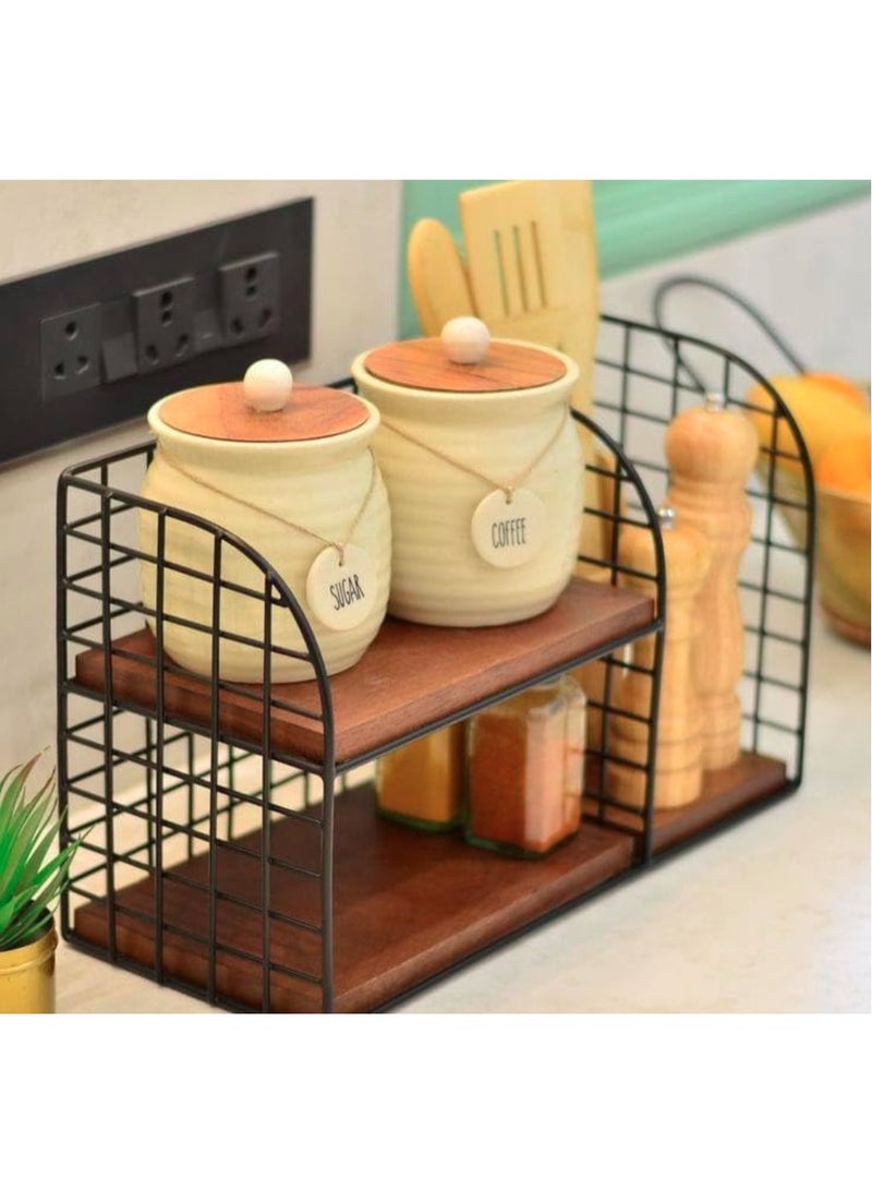 إيباسكت منظم زاوية المطبخ - محطة قهوة مدمجة مع رف شبكي معدني ورفوف خشبية لتخزين فعال، 40 × 30 × 16 سم، أسود وبني - Image 3