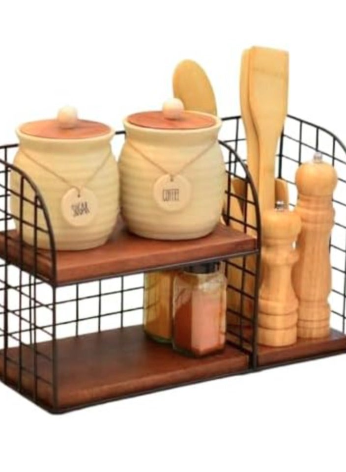 إيباسكت منظم زاوية المطبخ - محطة قهوة مدمجة مع رف شبكي معدني ورفوف خشبية لتخزين فعال، 40 × 30 × 16 سم، أسود وبني - Image 4