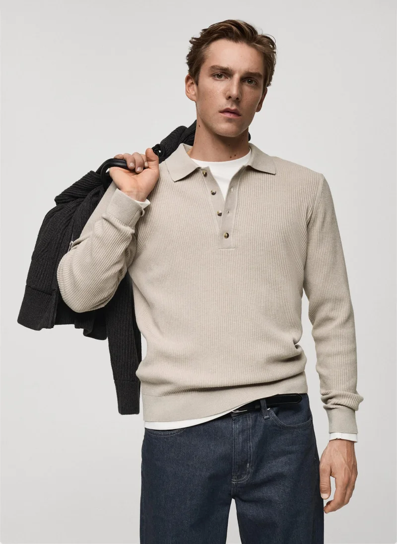 مانجو مان Cotton Blend Ribbed Polo Sweater