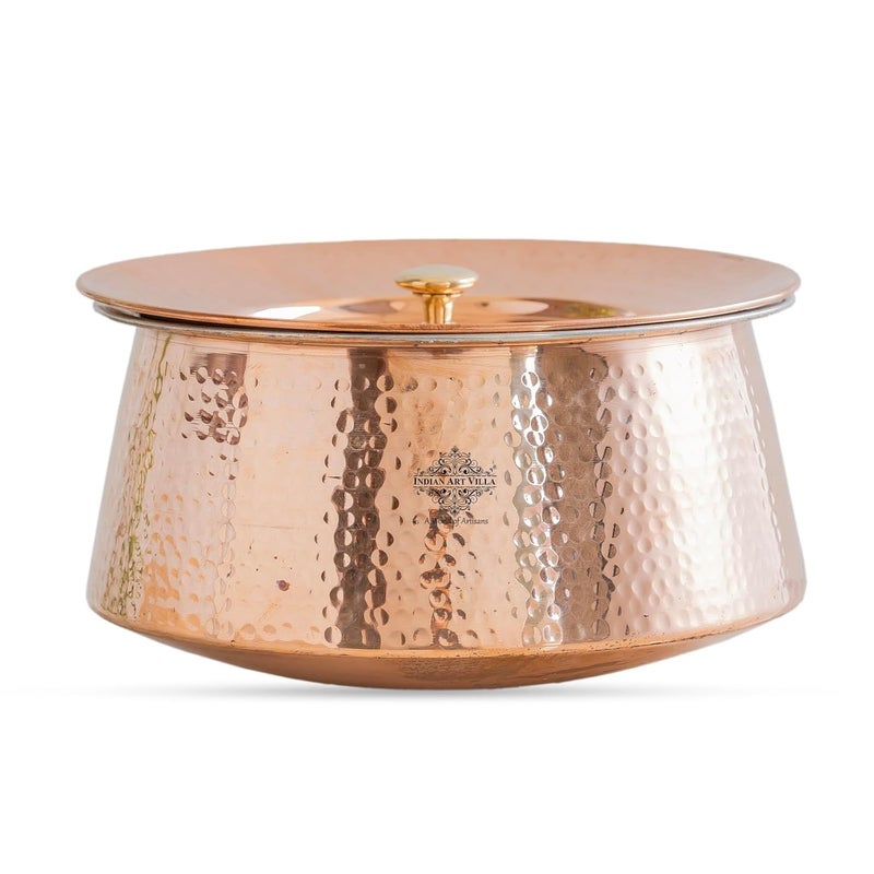 Indian Art Villa Handcrafted Hammered Copper Serving Handi with Lid and Tin Lining Traditional Indian Cookware Handi for Serving Rice Curries and Dishes 2000 ML Capacity - Image 1