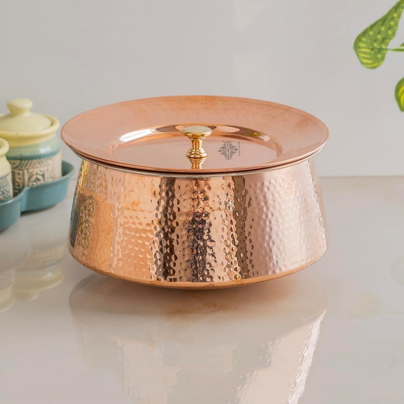 Indian Art Villa Handcrafted Hammered Copper Serving Handi with Lid and Tin Lining Traditional Indian Cookware Handi for Serving Rice Curries and Dishes 2000 ML Capacity - Image 3