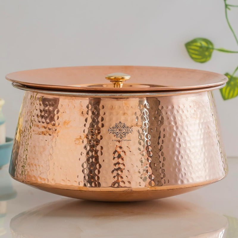Indian Art Villa Handcrafted Hammered Copper Serving Handi with Lid and Tin Lining Traditional Indian Cookware Handi for Serving Rice Curries and Dishes 2000 ML Capacity - Image 2