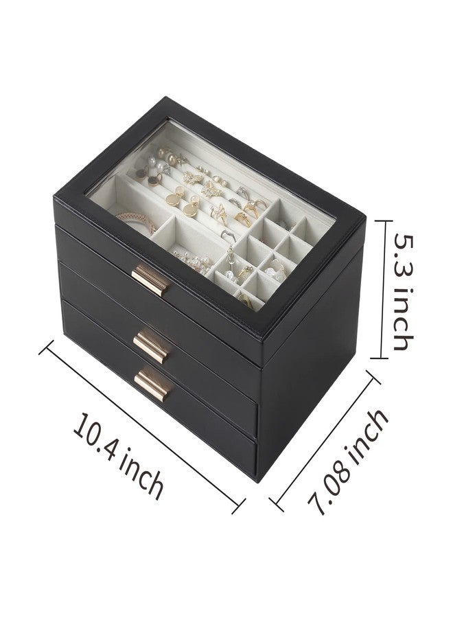 CASEGRACE Jewelry Box for Women, 3 Layer Double Drawer Jewelry Organizer Glass Lid, Large Jewelry Display Case for Necklace Bracelet Earrings Rings Storage for Dresser, Black - Image 2