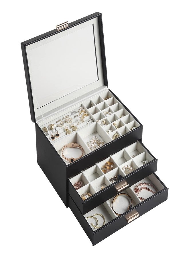 CASEGRACE Jewelry Box for Women, 3 Layer Double Drawer Jewelry Organizer Glass Lid, Large Jewelry Display Case for Necklace Bracelet Earrings Rings Storage for Dresser, Black - Image 1