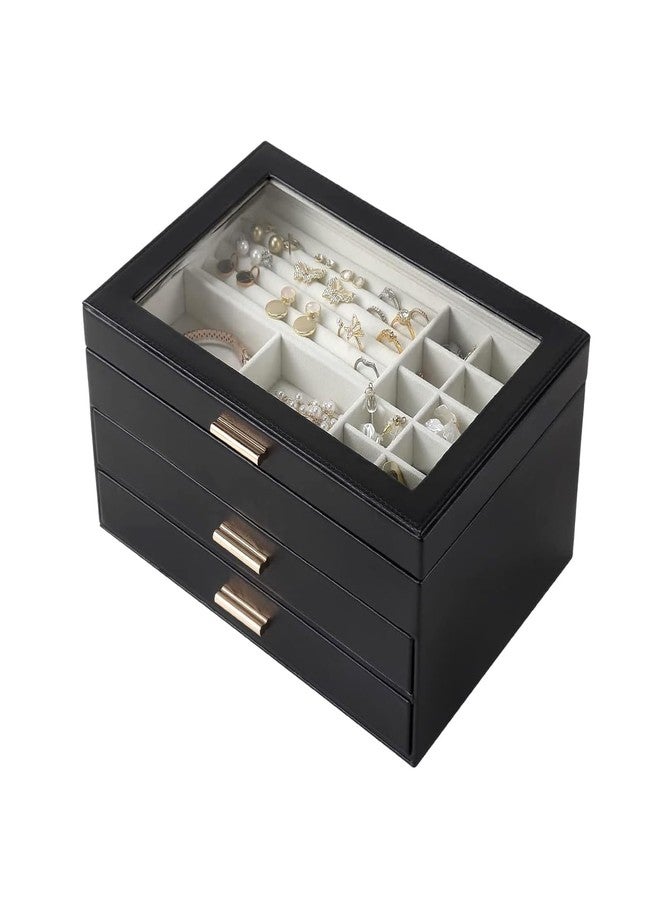 CASEGRACE Jewelry Box for Women, 3 Layer Double Drawer Jewelry Organizer Glass Lid, Large Jewelry Display Case for Necklace Bracelet Earrings Rings Storage for Dresser, Black - Image 4