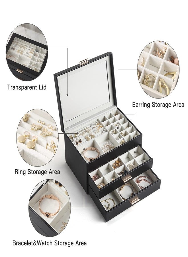 CASEGRACE Jewelry Box for Women, 3 Layer Double Drawer Jewelry Organizer Glass Lid, Large Jewelry Display Case for Necklace Bracelet Earrings Rings Storage for Dresser, Black - Image 3