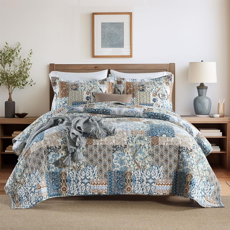 ENASAL Cotton Bedspread Quilt Bedding Sets Reversible Coverlet Comforters Blue Bohemian Rustic Floral Patchwork Pattern Bedspread for All Season,Queen Size - Image 1