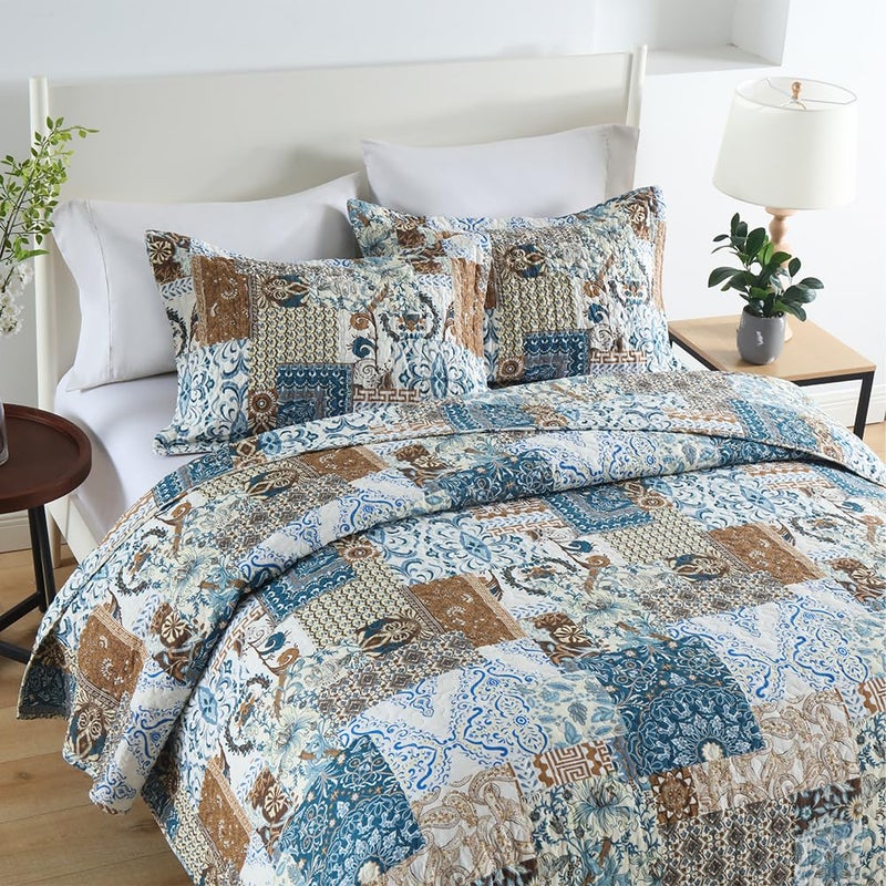 ENASAL Cotton Bedspread Quilt Bedding Sets Reversible Coverlet Comforters Blue Bohemian Rustic Floral Patchwork Pattern Bedspread for All Season,Queen Size - Image 4