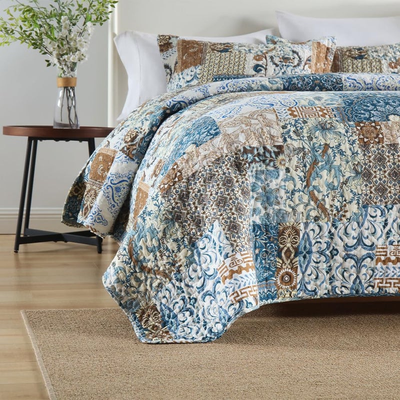 ENASAL Cotton Bedspread Quilt Bedding Sets Reversible Coverlet Comforters Blue Bohemian Rustic Floral Patchwork Pattern Bedspread for All Season,Queen Size - Image 5