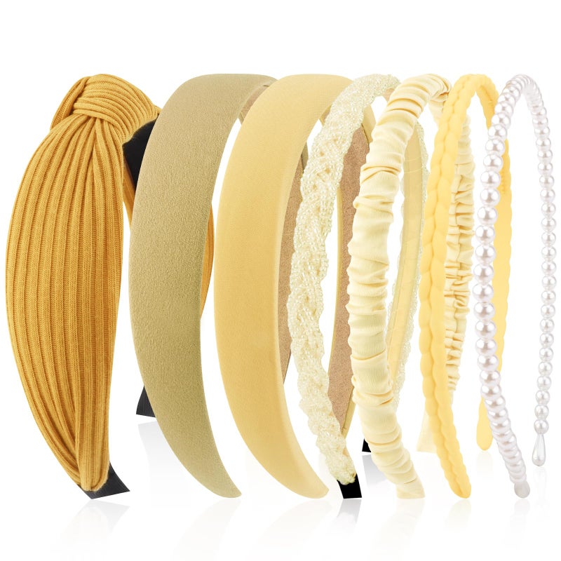 VELSCRUN Headbands for Women 7 Pcs Different Yellow Fashion Knotted Solid Head Bands Pearl Headband Non Slip Hair Band for Womens Gilrs Thin Thick Short Hair Face Wash Hair Accessories - Image 1