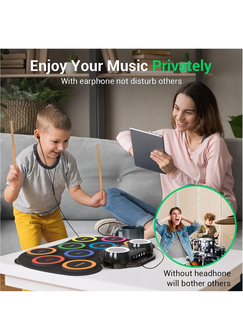 XiuWoo Electronic Drum Kit 9 Pads, Roll-up Practice Drum Set With 2 Pairs Drumsticks, 8H Playing With Built-in Dual Speaker, USB MIDI Jack for Teens, and Adults Beginner, Hoilday Birthday Gift  - Image 4