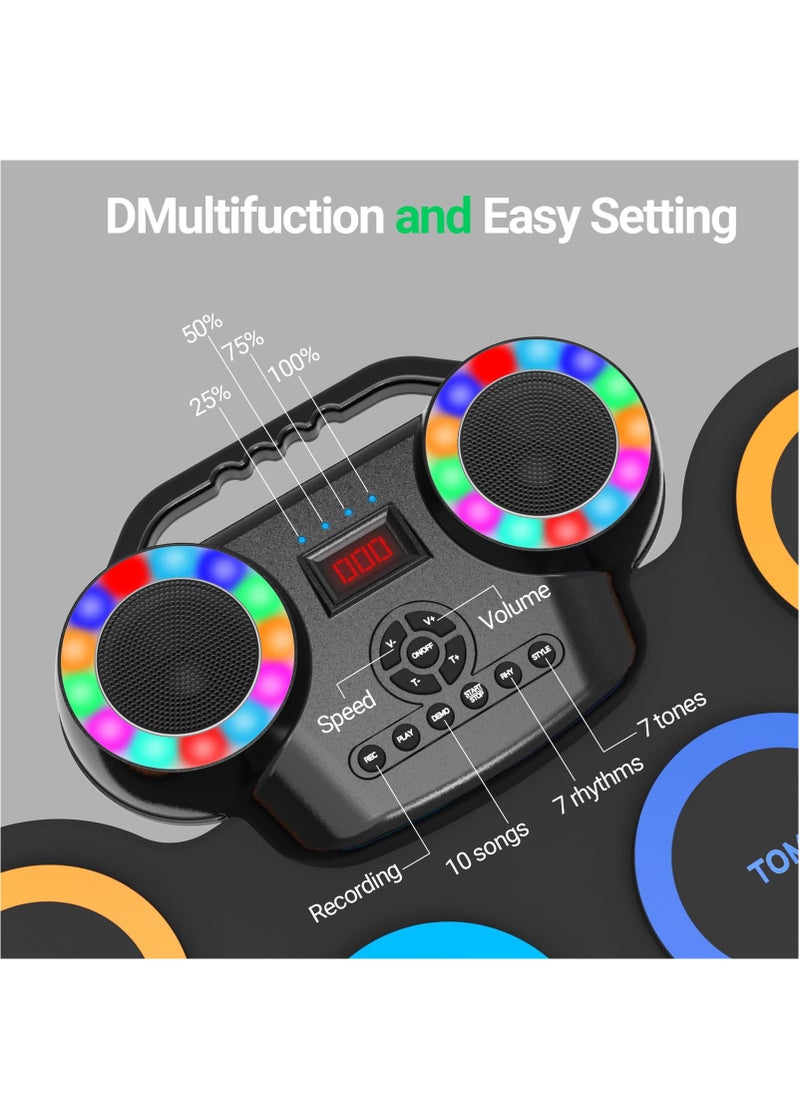 XiuWoo Electronic Drum Kit 9 Pads, Roll-up Practice Drum Set With 2 Pairs Drumsticks, 8H Playing With Built-in Dual Speaker, USB MIDI Jack for Teens, and Adults Beginner, Hoilday Birthday Gift  - Image 3