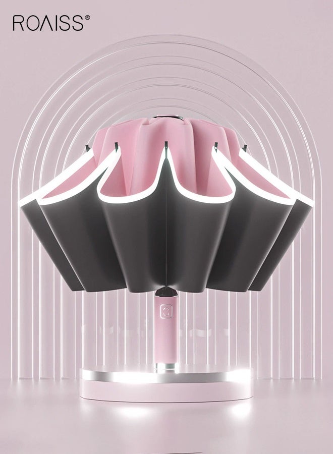 رويس مظلة للجنسين، تصميم قابل للطي تلقائيًا بالكامل للأيدي الجافة، مظلة شمسية قابلة للطي للحماية من الأشعة فوق البنفسجية لشخصين، مظلة عاكسة آمنة كبيرة الحجم للرجال والنساء، مناسبة للمطر أو الشمس، لون وردي - Image 1