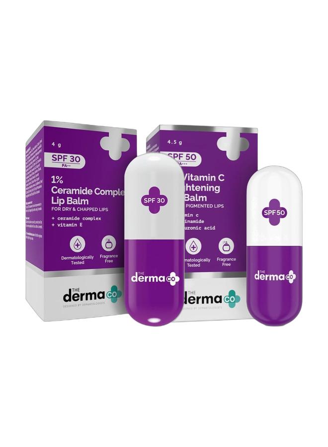 The Derma Co Lip Care Duo – Ceramide Complex Lip Balm 4g & Brightening Lip Balm 4.5g | SPF 30, Hydrates, Reduces Pigmentation & Dark Spots, Protects & Smooths Lips. - Image 1