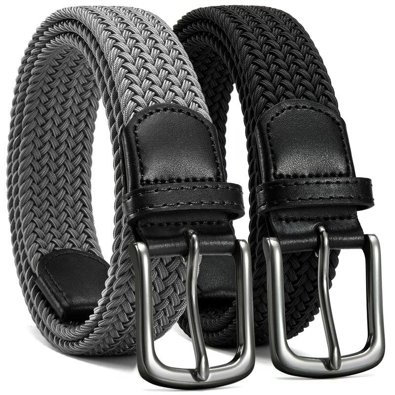 حزام مطاطي رجالي من تشاورين، عبوة من قطعتين - حزامان مضفران للجولف للرجال، مقاس 1 3/8 بوصة - حزام مطاطي مريح للسراويل والجينز، أسود ورمادي، قابل للتعديل من 30 إلى 34 بوصة عند الخصر