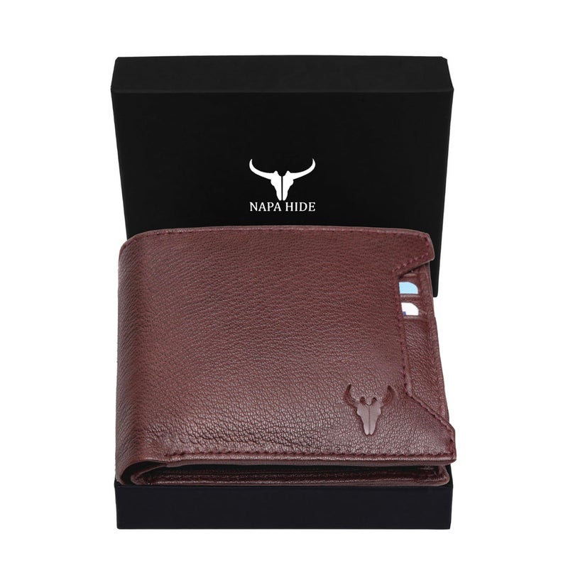 NAPA HIDE Maroon Leather Wallet for Men I 3 Card Slots I 2 Currency Compartments I 1 ID Window I 3 Secret Compartments I External Card Slot I 1 Coin Pocket - Image 1