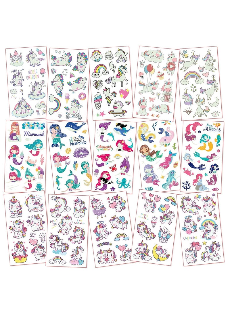 قوس قزح أورينبو 30 ورقة من ملصقات وشم مؤقتة مضيئة مقاومة للماء على شكل حورية البحر وحيد القرن للأطفال، لوازم حفلات للأطفال، هدايا متوهجة، حشوات أكياس الحفلات - Image 2