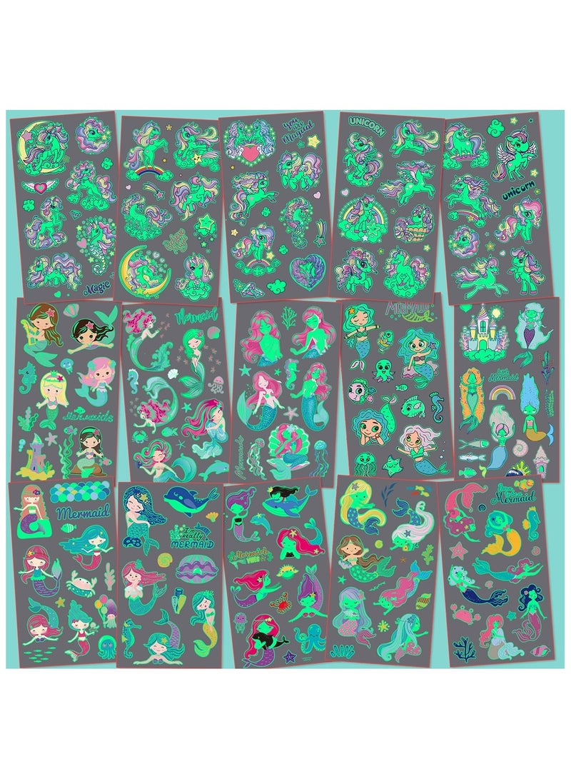 قوس قزح أورينبو 30 ورقة من ملصقات وشم مؤقتة مضيئة مقاومة للماء على شكل حورية البحر وحيد القرن للأطفال، لوازم حفلات للأطفال، هدايا متوهجة، حشوات أكياس الحفلات - Image 5