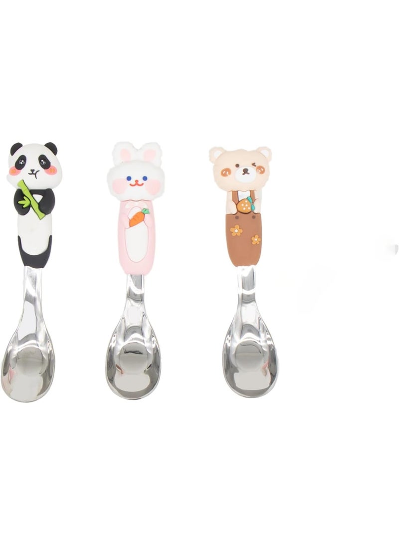 Barakah مجموعة ملاعق للأطفال من الفولاذ المقاوم للصدأ 18/8، أدوات طعام للأطفال مع مقابض حيوانات سيليكون لطيفة، أدوات مائدة خالية من BPA للأطفال لتغذية الذات، آمنة للغسالة، 3 قطع - Image 1