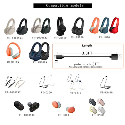 WZHENB USB-C Charger Charging Cable Cord for Sony WH-1000XM4 WH-1000XM3 WF-1000XM4 1000XM5 1000XM6 WH-XB900N WH-CH720N WH-CH520 WI-1000XM2 WI-C200 WI-XB400, Ult Wear, WF-1000XM3, Bose NCH700 Headphones - Image 2