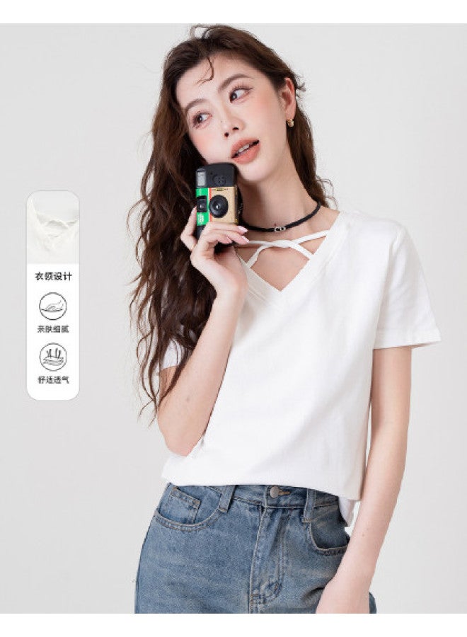 Baleno Crossover V-neck Summer Short-sleeve T-shirt For Women - Slimming, Casual, Fashionable, High-stretch, Comfortable, Solid Color, Chic Top - Image 1