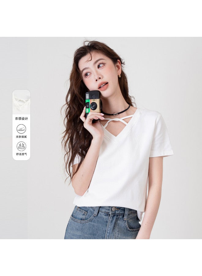 Baleno Crossover V-neck Summer Short-sleeve T-shirt For Women - Slimming, Casual, Fashionable, High-stretch, Comfortable, Solid Color, Chic Top - Image 2