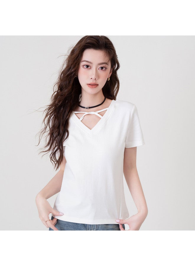 Baleno Crossover V-neck Summer Short-sleeve T-shirt For Women - Slimming, Casual, Fashionable, High-stretch, Comfortable, Solid Color, Chic Top - Image 5