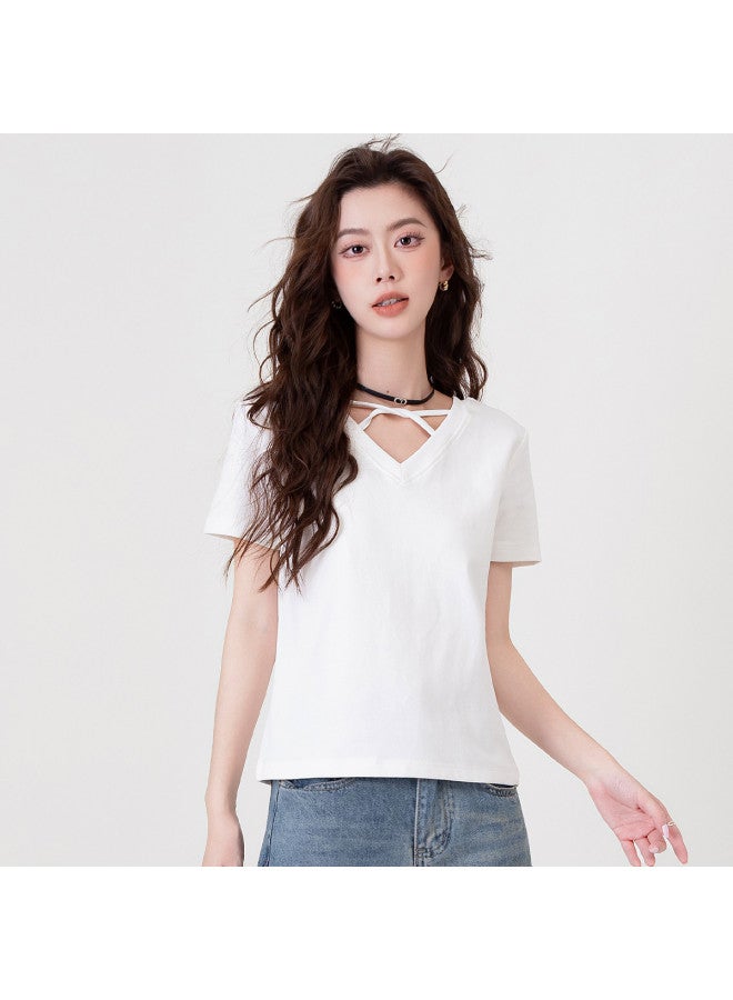 Baleno Crossover V-neck Summer Short-sleeve T-shirt For Women - Slimming, Casual, Fashionable, High-stretch, Comfortable, Solid Color, Chic Top - Image 4