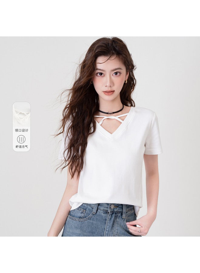 Baleno Crossover V-neck Summer Short-sleeve T-shirt For Women - Slimming, Casual, Fashionable, High-stretch, Comfortable, Solid Color, Chic Top - Image 3