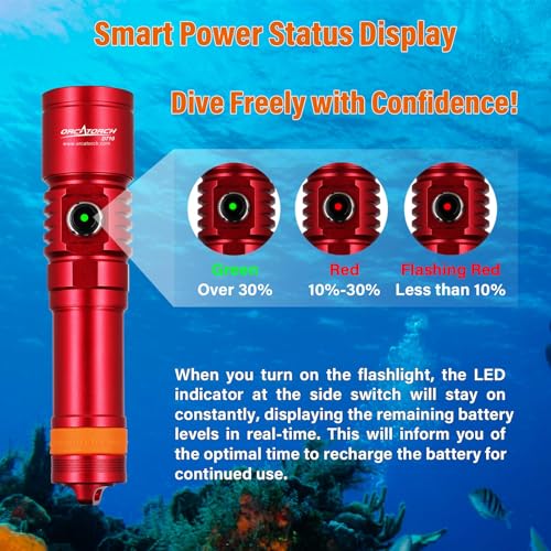 ORCATORCH D710 Scuba Diving Light, 3000 Lumens Super Bright Underwater Flashlight with 6 Degrees Narrow Beam, IP68 Waterproof Night Dive Torch 150 Meters Submersible Light (Red) - Image 3